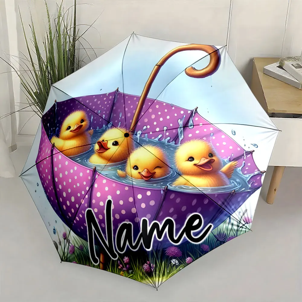 Custom Name Adorable Ducklings in a Purple Polka Dot Umbrella Print 8 Iron Ribs Folding Umbrella Auto-Open Fashion Sunshade