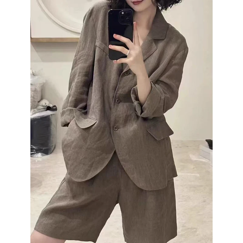 

Хлопково-льняной костюм, комплект для женщин, модная тонкая блузка с длинными рукавами, осенние шорты с высокой талией, повседневный комплект из двух предметов, новый