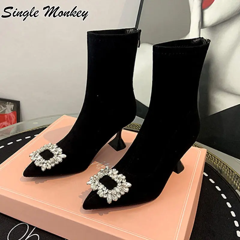 Crystal Sexy Suede Chelsea Boots Mid Heels Women Shoes 2024 New Winter Designer Ankle Boots Party Dress Female Stretch Boots