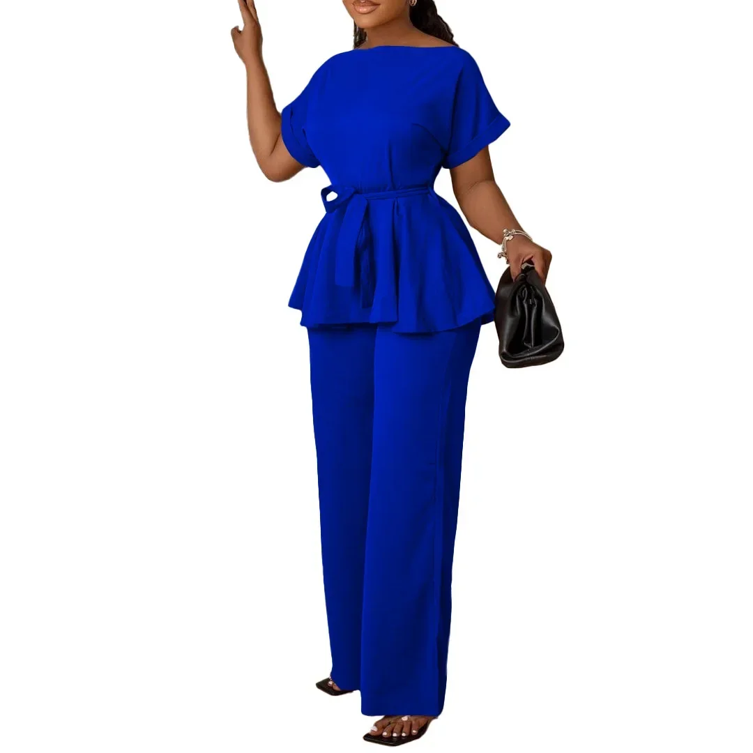 

2 Piece African Clothes for Women Summer Elegant Short Sleeve Blue Red White Black Top Long Pant Matching Sets Africa Clothing