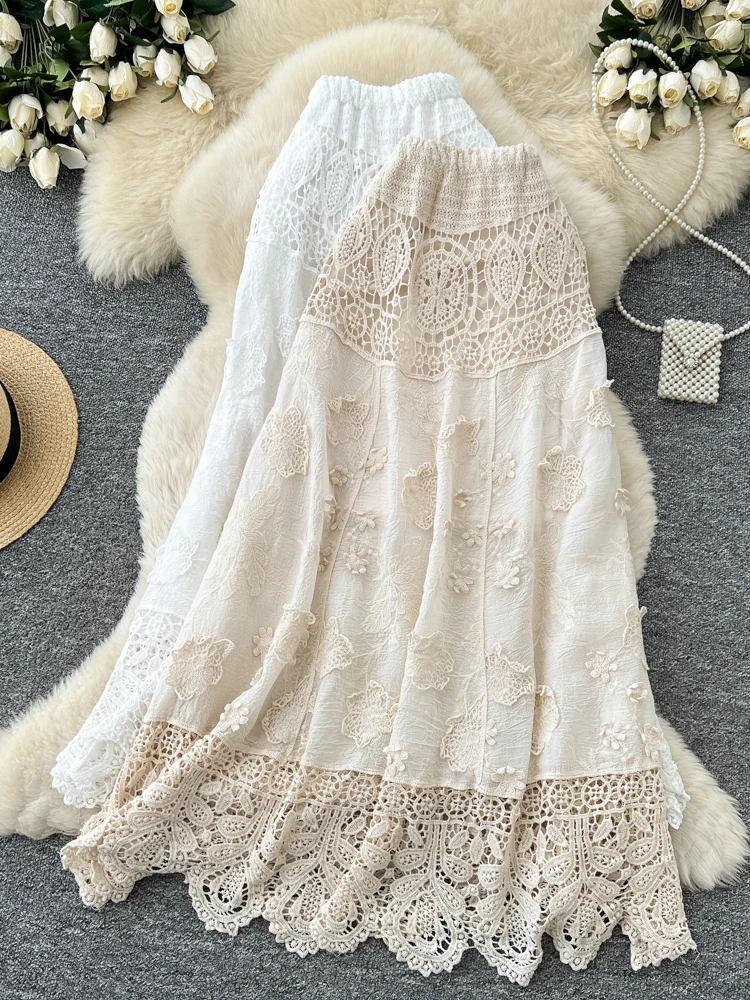 

Корейская юбка А-силуэта с высокой талией, кружевными вставками и вырезами, женская, весенняя, элегантная, стройнящая, миди, праздничный стиль