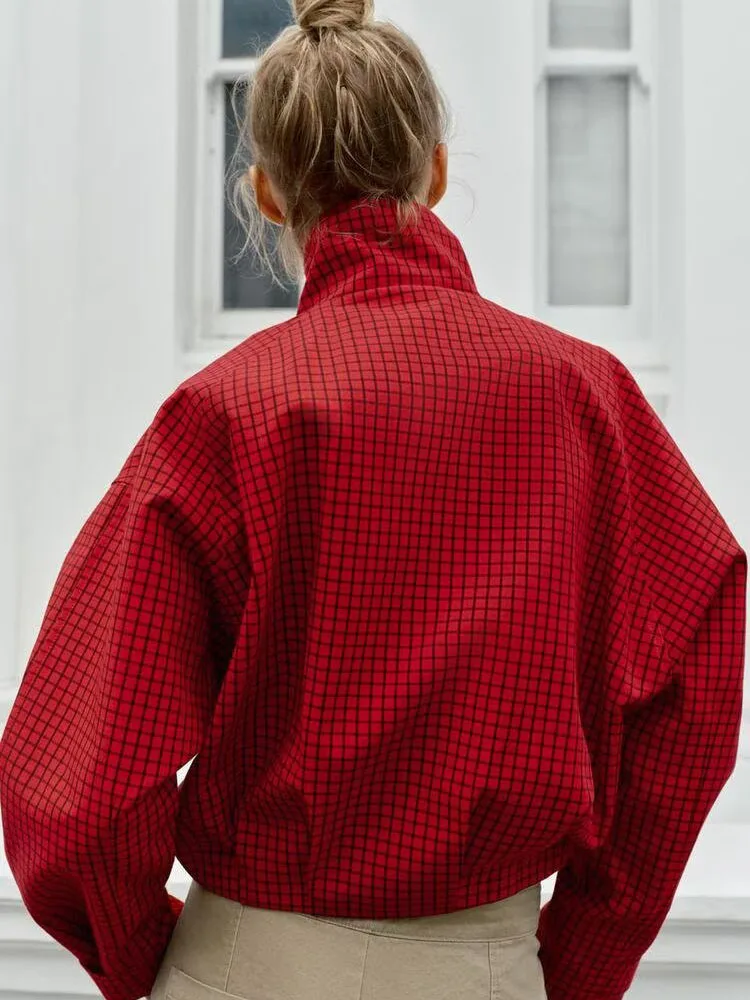 New Autumn Women's Long Sleeve Stand Collar Plaid Pilot Jacket Outerwear Casual Style Standard Fit Other Material 100%
