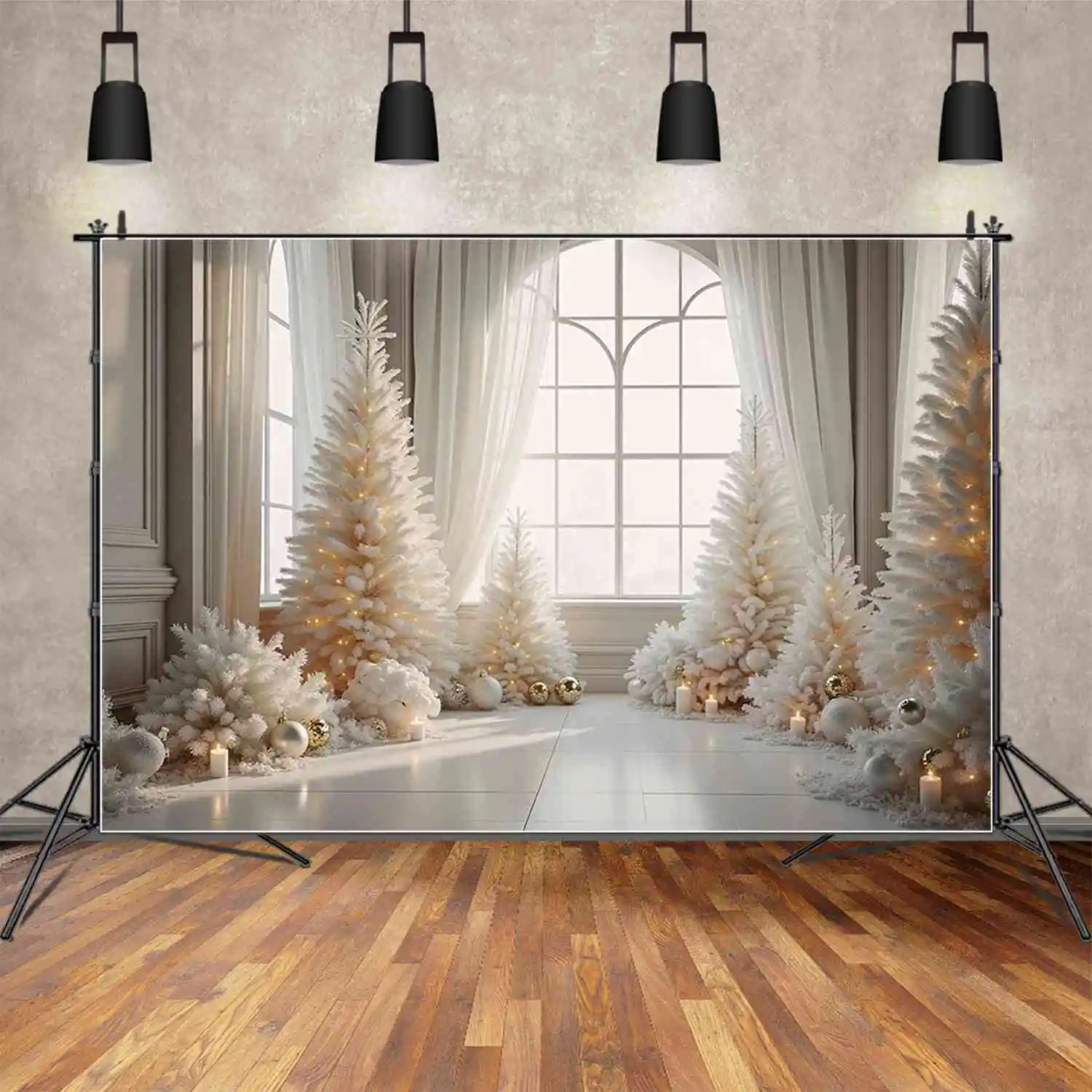 MOON.QG Christmas Winter Curtain Background Photography White Candle Xmas Trees Photozone Backdrop Child Studio Photozone Props