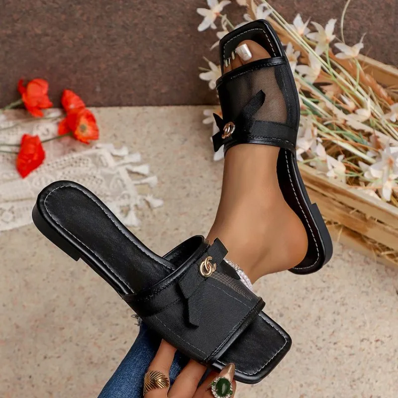 

Womens Flat Slippers Mesh Breathable Slides Elegant Bowknot Metal Decor Sandals Bohemian Summer Beach Shoes Square Toe for Lady