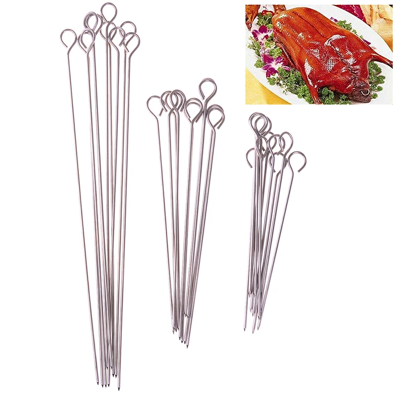 10pcs Stainless Steel BBQ Needle Goose Tail Pin Meat Goose Round Roast Skewers Stick Barbeque Skewers Kitchen Outdoor Picnic