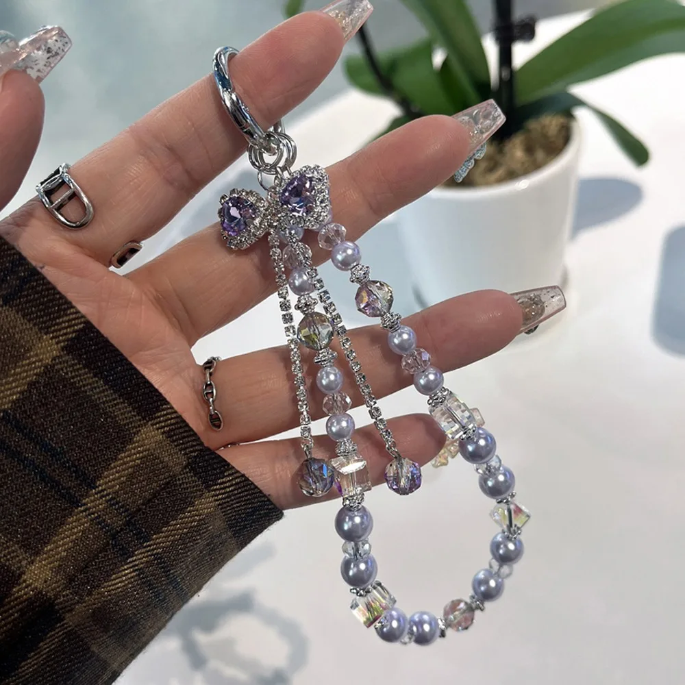 Pearl Rhinestone Phone Lanyard Bow Pendant High Luxury Rhinestone Phone Straps with Patch Cellphone Chain Rhinestone Phone Rope