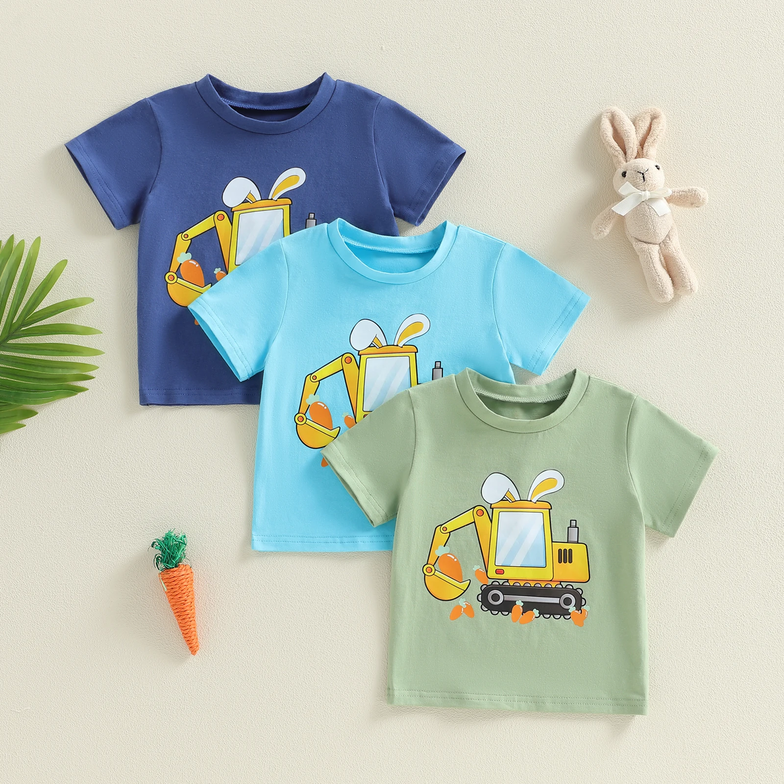 Tregren 3Pcs/Set Toddler Infant Boy Easter Shirts Short Sleeve Crew Neck Rabbit Excavator Print Casual Summer Tops Tees