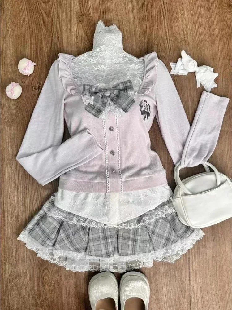 Japanese Sweet Preppy Style 2 Piece Set Women Kawaii Lace Patchwork Bow Tops + Y2k Plaid Mini Skirt Elegant Fashion Outifits New