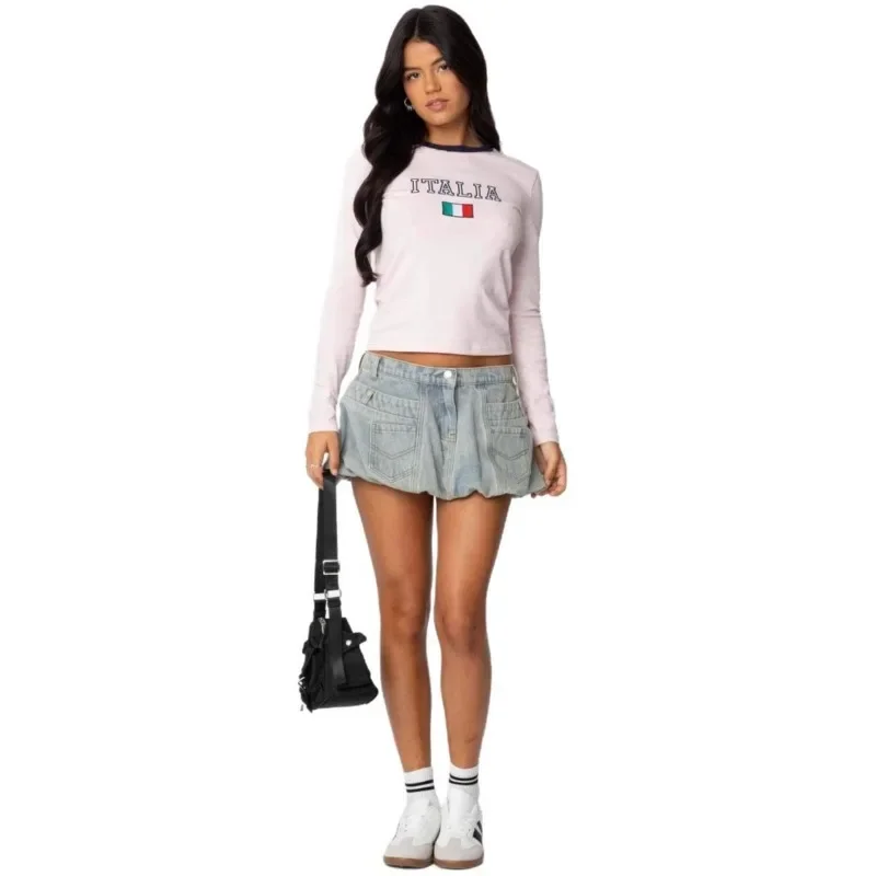 تنورة نصف من قماش الدنيم بجيب ثلاثي الأبعاد لصيف 2025 الأوروبية والأمريكية، تنورة قصيرة برعم الزهور الأمريكية المتخصصة