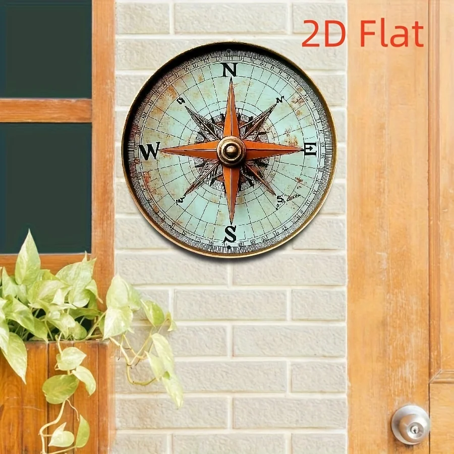 2D Flat Printing Wall Art Decorative Sign, Vintage Compass Pattern Circle Aluminum Sign Vintage Round Metal Sign Artistic Wall D
