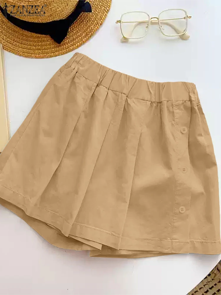 

ZANZEA женские повседневные шорты с запахом, лето 2025 г., легкие свободные широкие шорты с эластичной резинкой на талии, повседневная одежда, однотонные шорты
