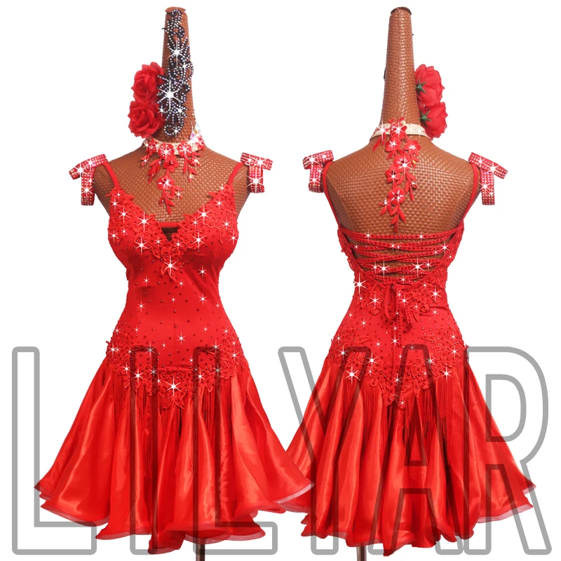 New Professional Latin Dance Competition Adult And Children\'s Clothing, Red Embroidered Skirt With Sparkling Diamond Dance Skirt