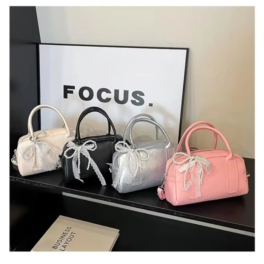 Heart-Shaped Design Shoulder Bag Bow Accent Lace Detail Pearl Bow Bag Pearl Decoration Korean Style Keychain Pendant For Girls