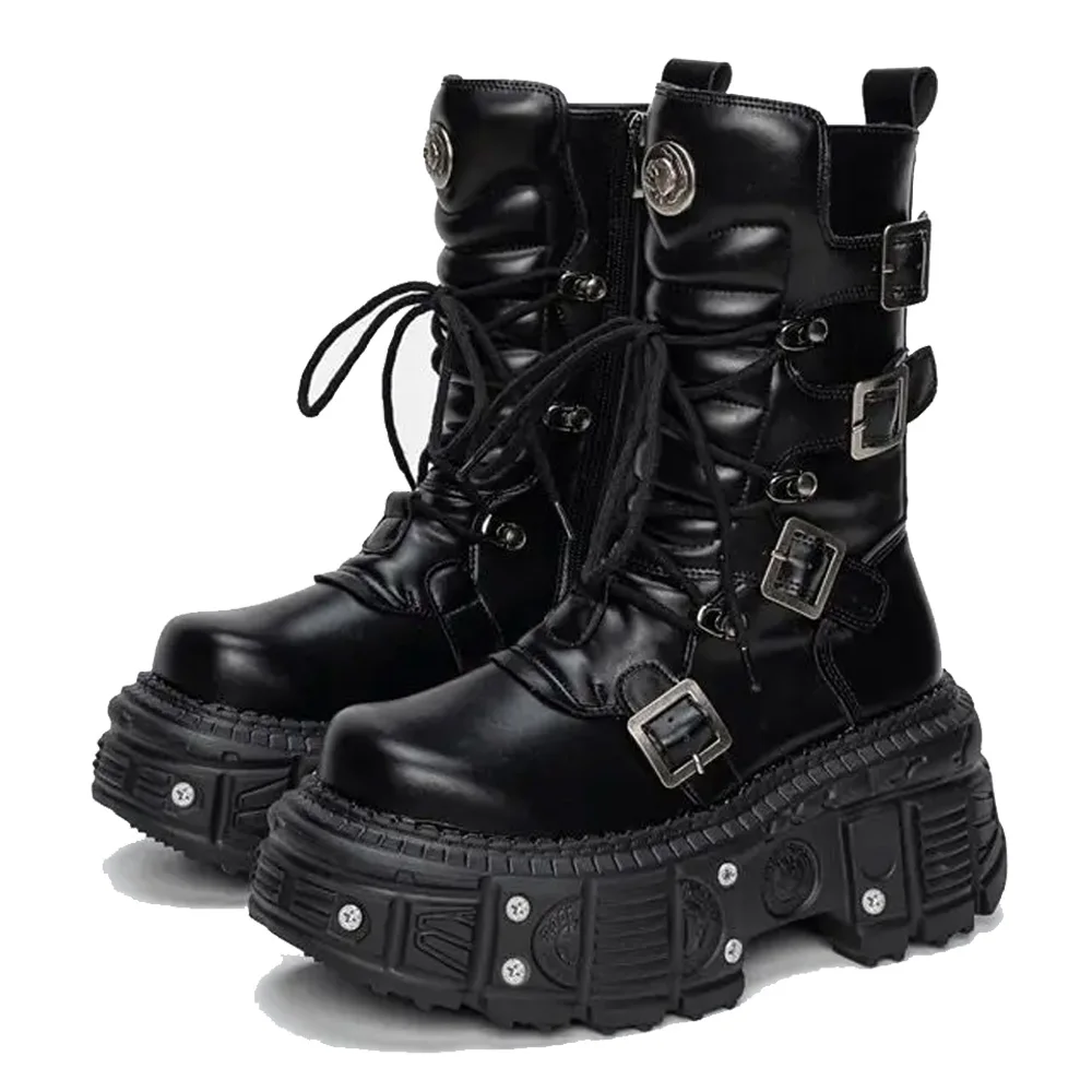 

Platform Gothic Women Genuine Leather Motorcycle Boots Microfiber Punk Shoes Round Toe Metal Decorate Mid-calf Boots Lace Up