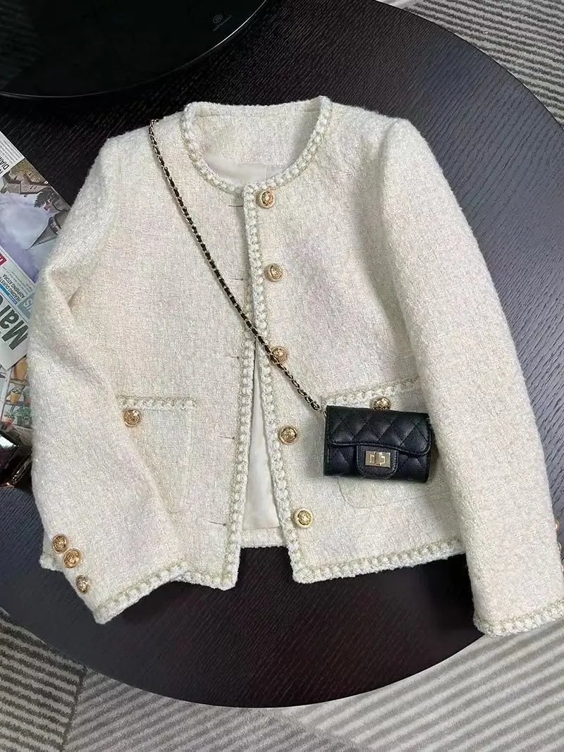 2023 Spring and Autumn New Beige Short Temperament Tweed Coat for Women