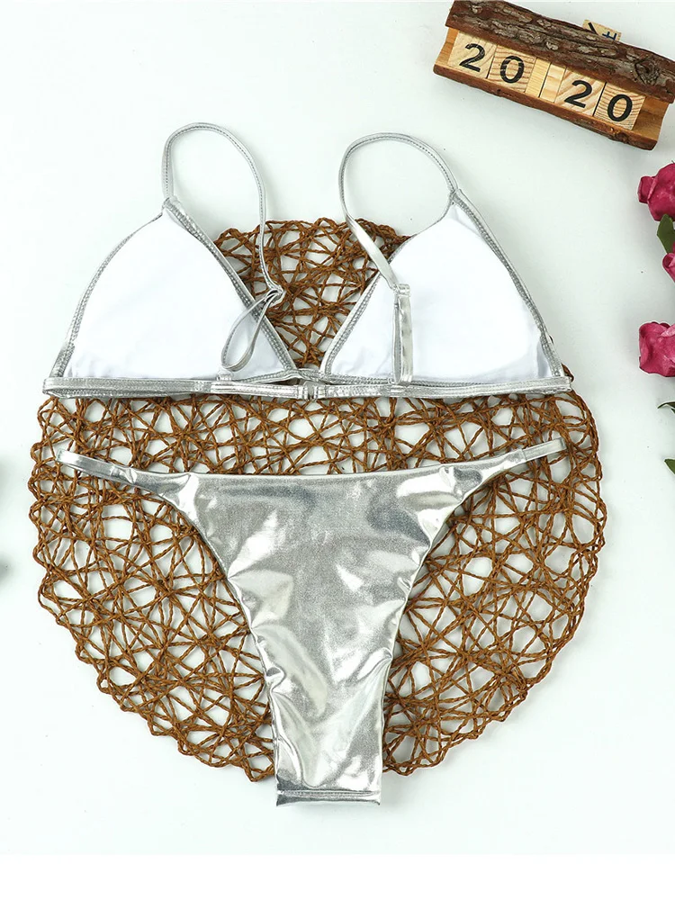 Dames Badpak Effen Sexy Nieuwe Mode Glanzend Zilver Zomer Bikini Set Tweedelig Pak Vrouwen Braziliaanse Strand Badmode