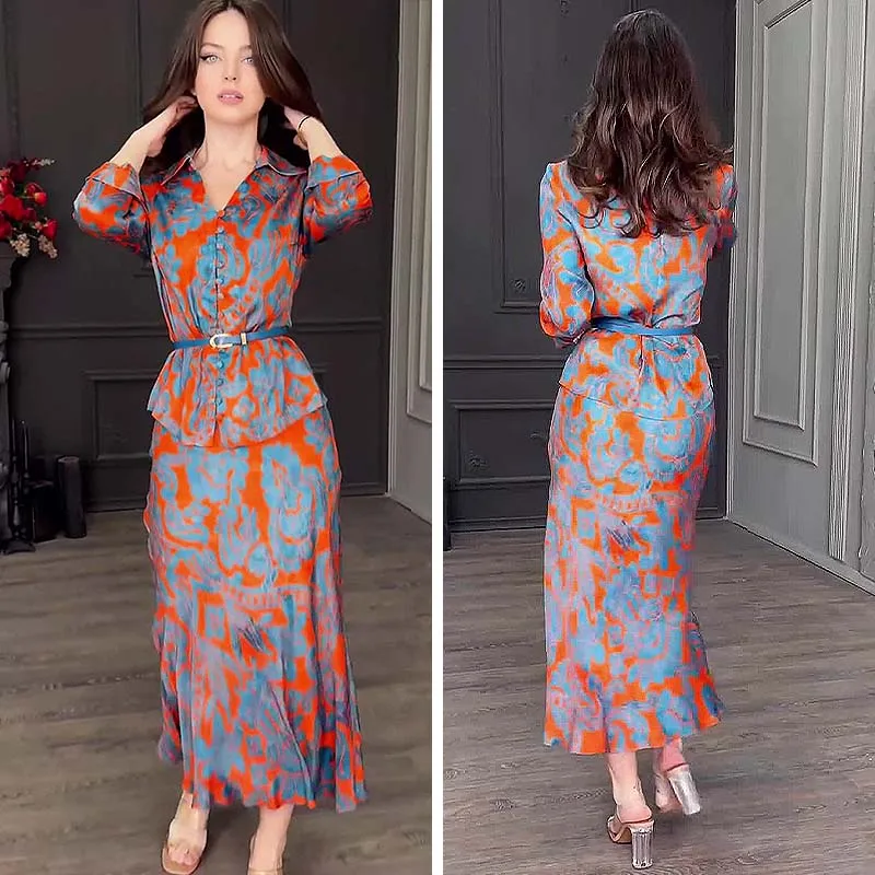 

Новый модный темпераментный однобортный костюм с V-образным вырезом и поясом, рубашка с длинными рукавами, дизайнерская приталенная юбка с принтом в стиле ретро