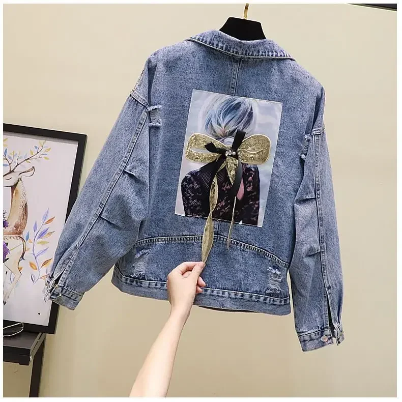 Women Embroidery Ripped Denim Biker Jacket Retro Collar with Shoulders Motorcycle Biker Jean Coat Cardigan Moto Outerwear