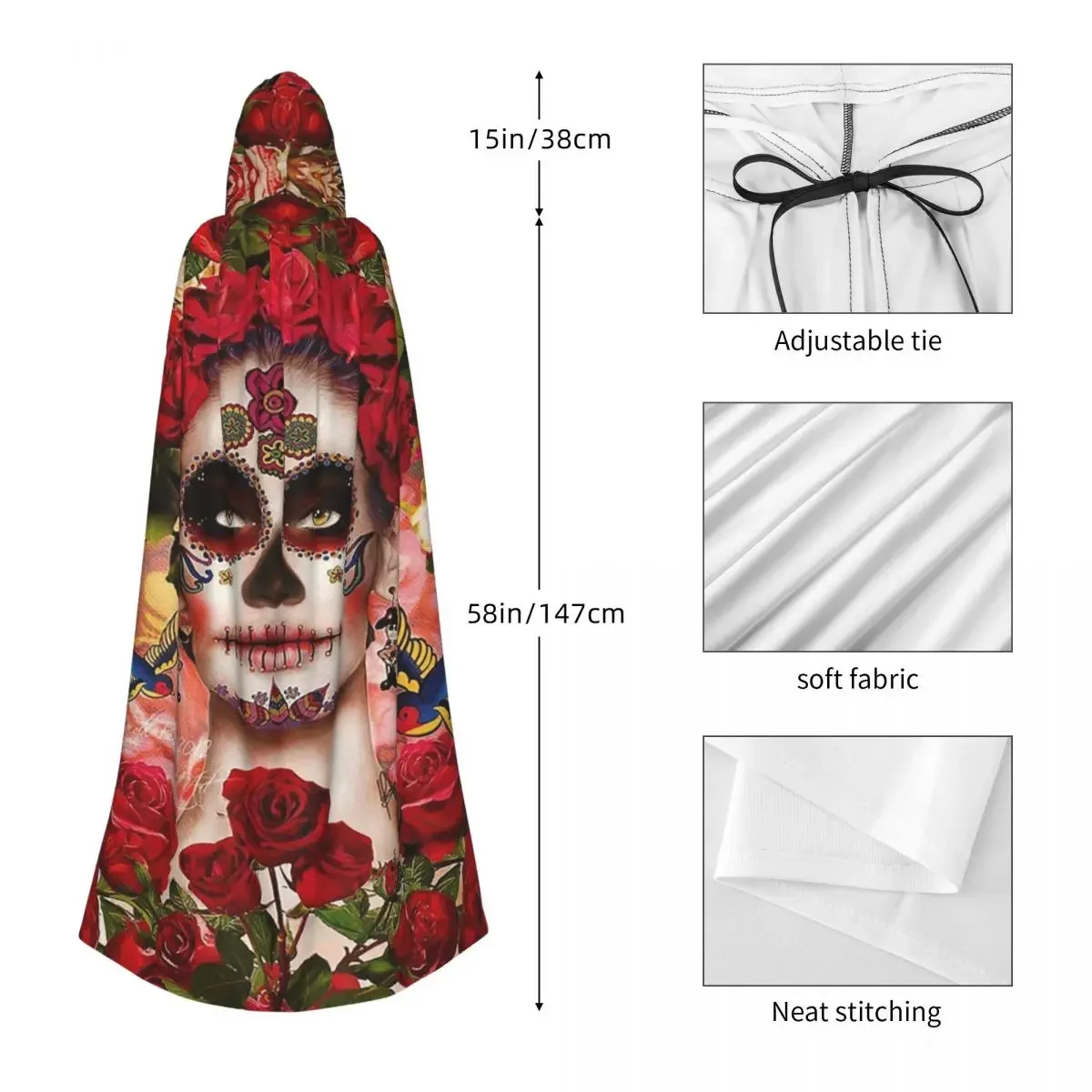 Custom Mexican Catrina Girl Day Of The Dead Sugar Skull Long Hooded Cloak Witch Medieval Costume Cosplay Cape Halloween