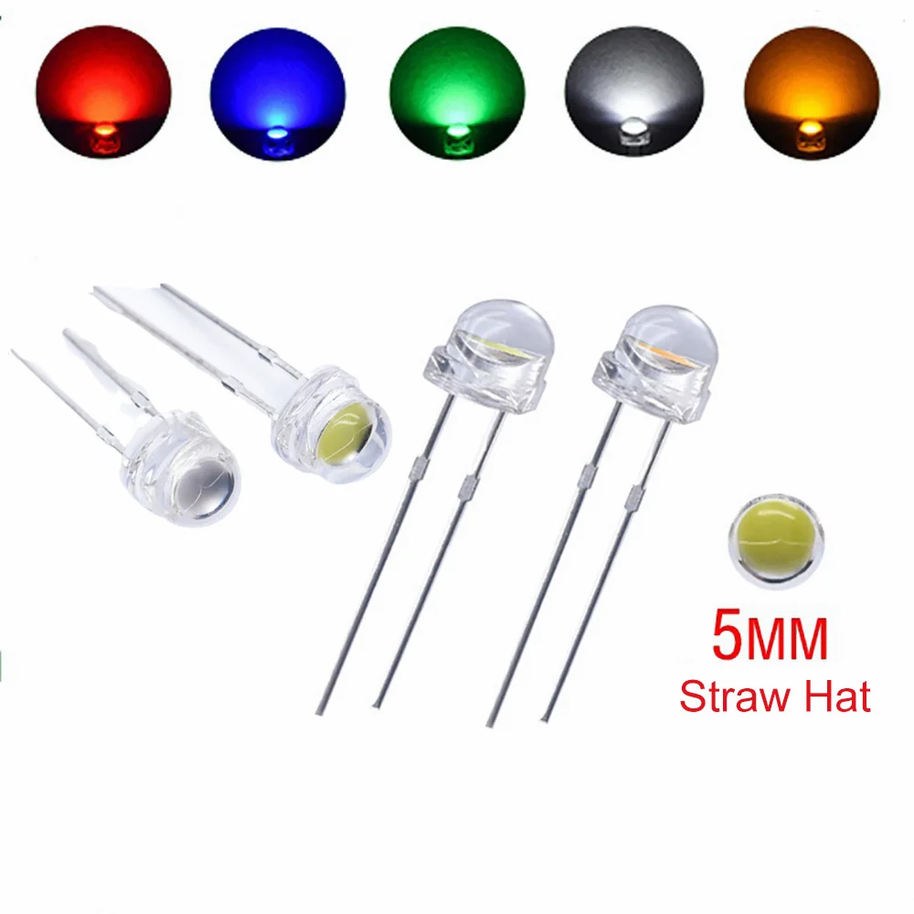 Kit assorti de Diodes électroluminescentes F5 multicolores, 100 pièces, 5MM, chapeau de paille, blanc, rouge, jaune, vert, bleu, lampes Super lumineuses
