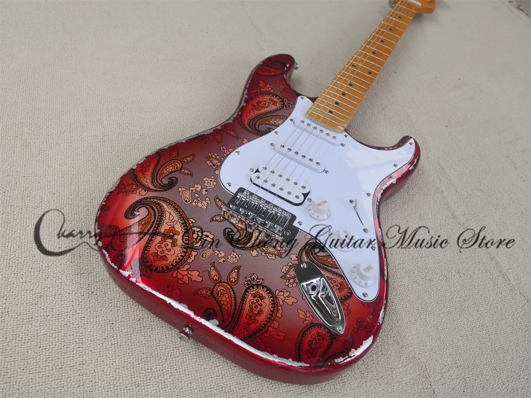 

Metal Red Electric Guitar,Star guitar, Pattern Vintage Body,SSH pickups, Yellow Maple Neck,Fixed Bridge White Pickguard