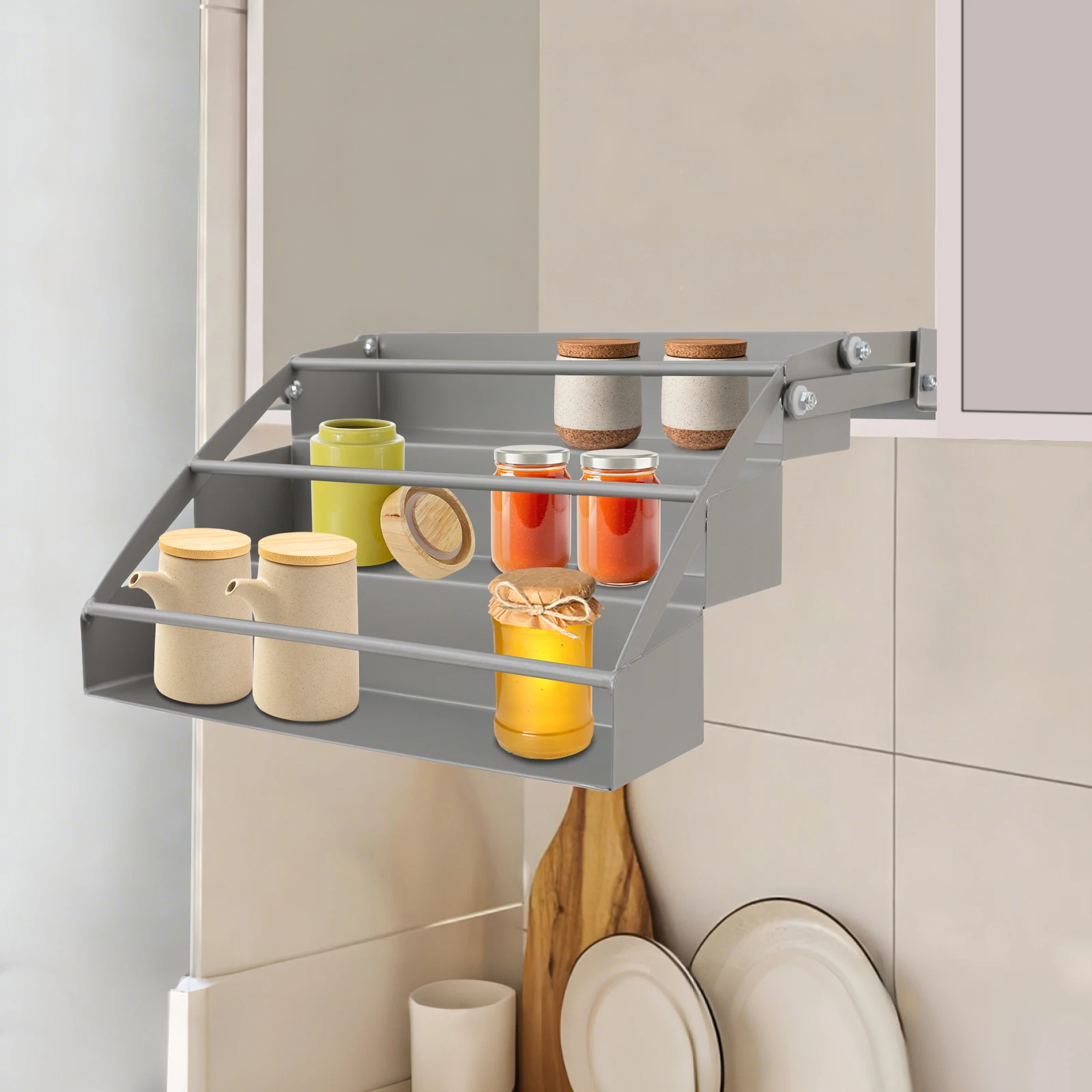 

Cabinet Organizer, 3 Tier Lift Up Pull Out Cabinet Basket, Kitchen Cabinet Organizer for Pots Pans Storage, Space Saving Shelf