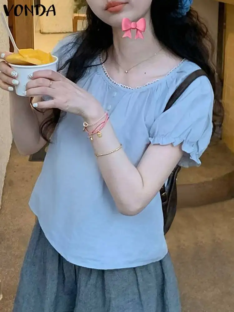 

Элегантные летние блузки VONDA 2024, женские модные повседневные рубашки с коротким рукавом, однотонные туники, топы, винтажные Свободные Блузы для женщин