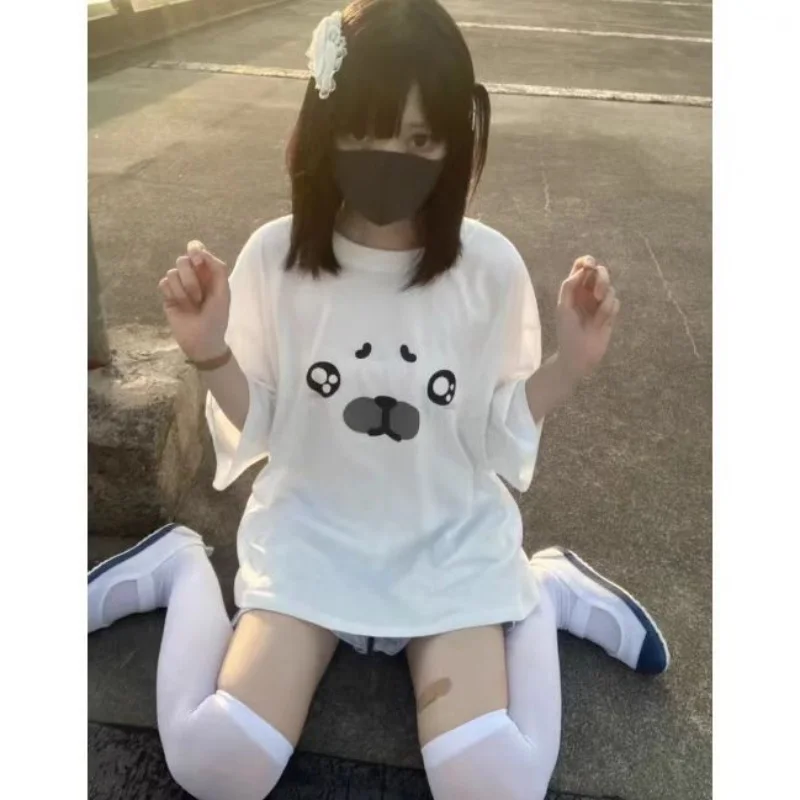 

Japanese White Sweet T-shirt Kawaii Cartoon Seal Printed Tshirts Preppy Cute Casual Tees Fashion Harajuku Girls All Match Tops