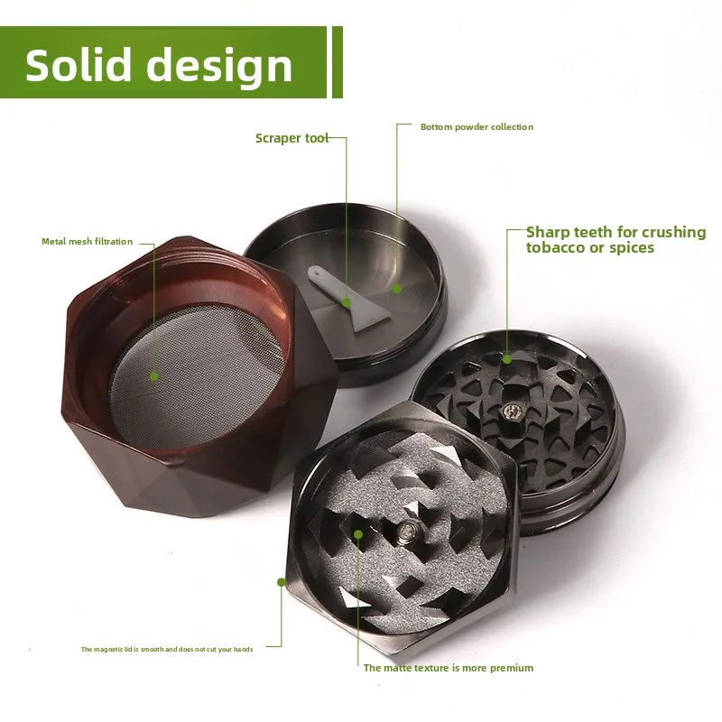 Wood Grain 4-Layer Herb Grinder Zinc Alloy Tobacco Spice Grinder with Scraper & Mesh Filter for Smoking Accessories