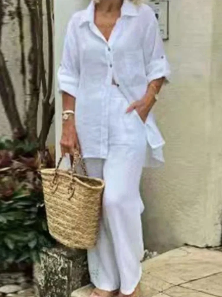 

Spring New Cotton Linen Suit Women's Outfits Simple Solid Shirt Loose Pants Set Female Trendy Casual Fashion Ladies 2 Piece Sets