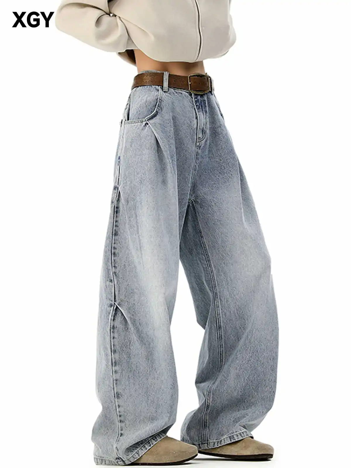 

Американская синяя уличная одежда с высокой талией, американские повседневные широкие брюки, женские джинсы больших размеров, базовые мешковатые прямые брюки в стиле ретро