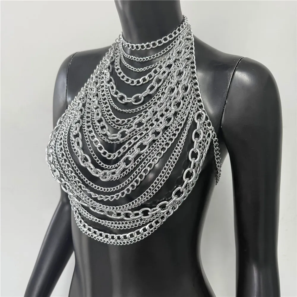 섹시한 백리스 홀터넥 시스루 캐미솔 여름 여성 메탈 체인 태슬 탱크탑 레이브 페스티벌 파티 크롭탑