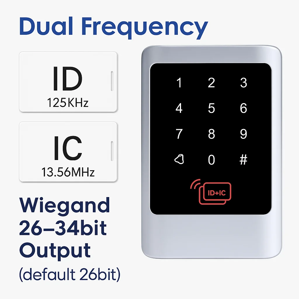 12-24V Ip68 Waterproof Dual Band Rfid & Pin Access Control Reader 125Khz Id 13.56Mhz Touch Keypad Wiegand 26–34Bit Metal Door