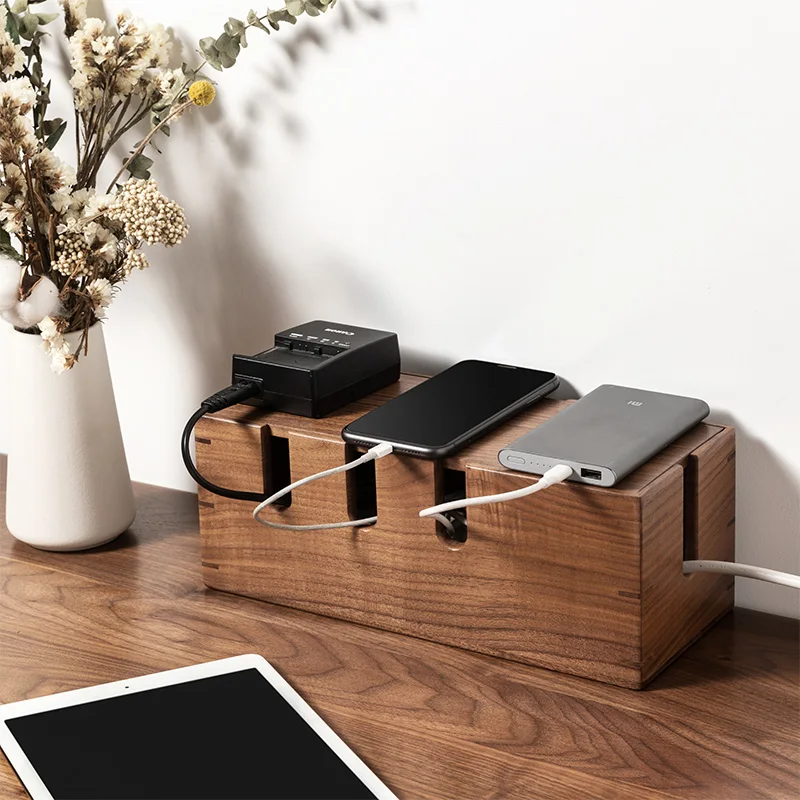 Black Walnut Wood Desktop Power Cable Storage and Sorting Hub Box Blocking Multifunctional Insert Data Cable Storage Device