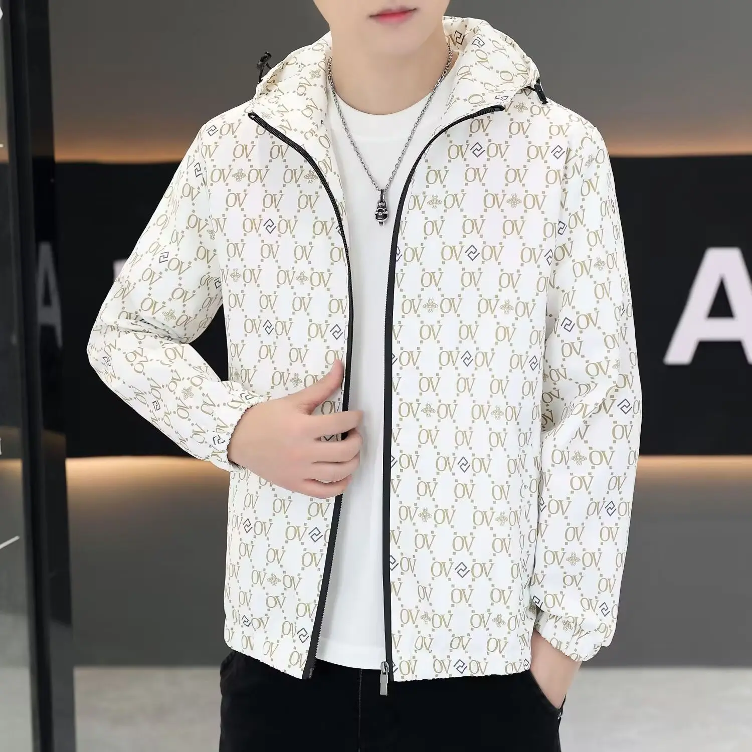 Trendy brand printing spring and autumn coat personalized youth hooded men's jacket slim autumn casual gown men