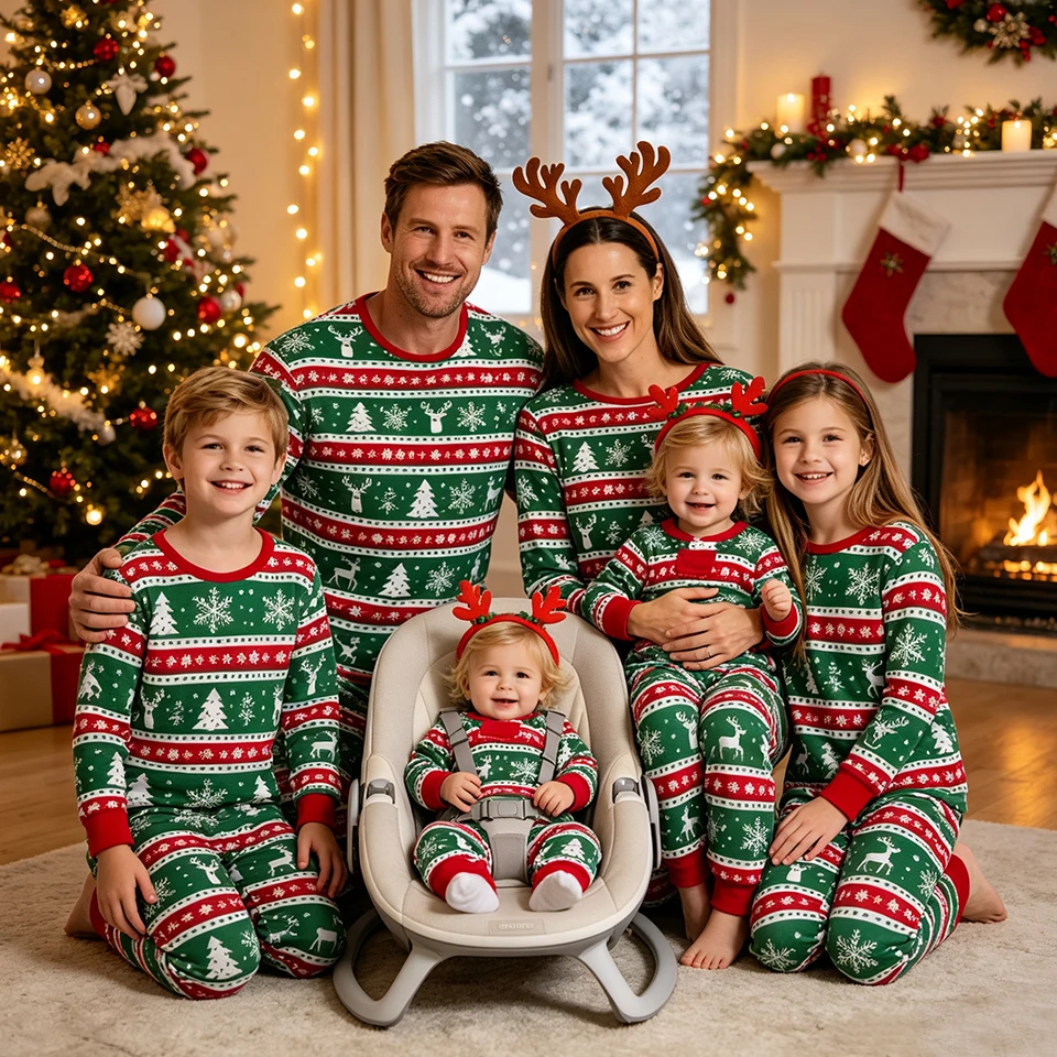 Classic Family Matching Christmas Pajamas Holiday Festive Christmas Tree Print Sleepwear Xmas Women Men Kids Toddler Baby Pjs
