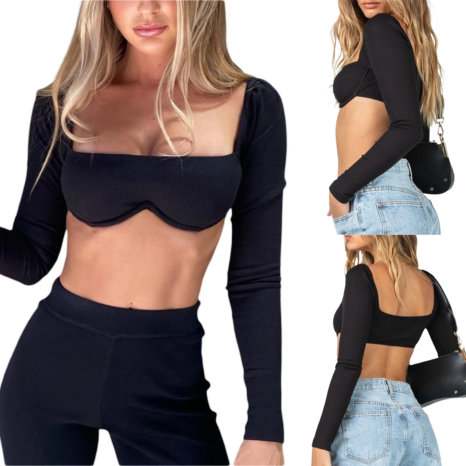 Women s Rib Knit Crop Tops Long Sleeve Square Neck  Fitted Y2K Casual T-Shirt Tops Stretchy Blouse