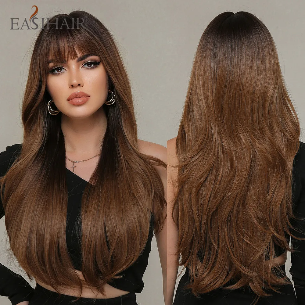 EASIHAIR Ombre czarne kasztanowe brązowe peruki syntetyczne z Bangs długie naturalne kręcone włosy peruka dla kobiet codziennie Cosplay żaroodporne