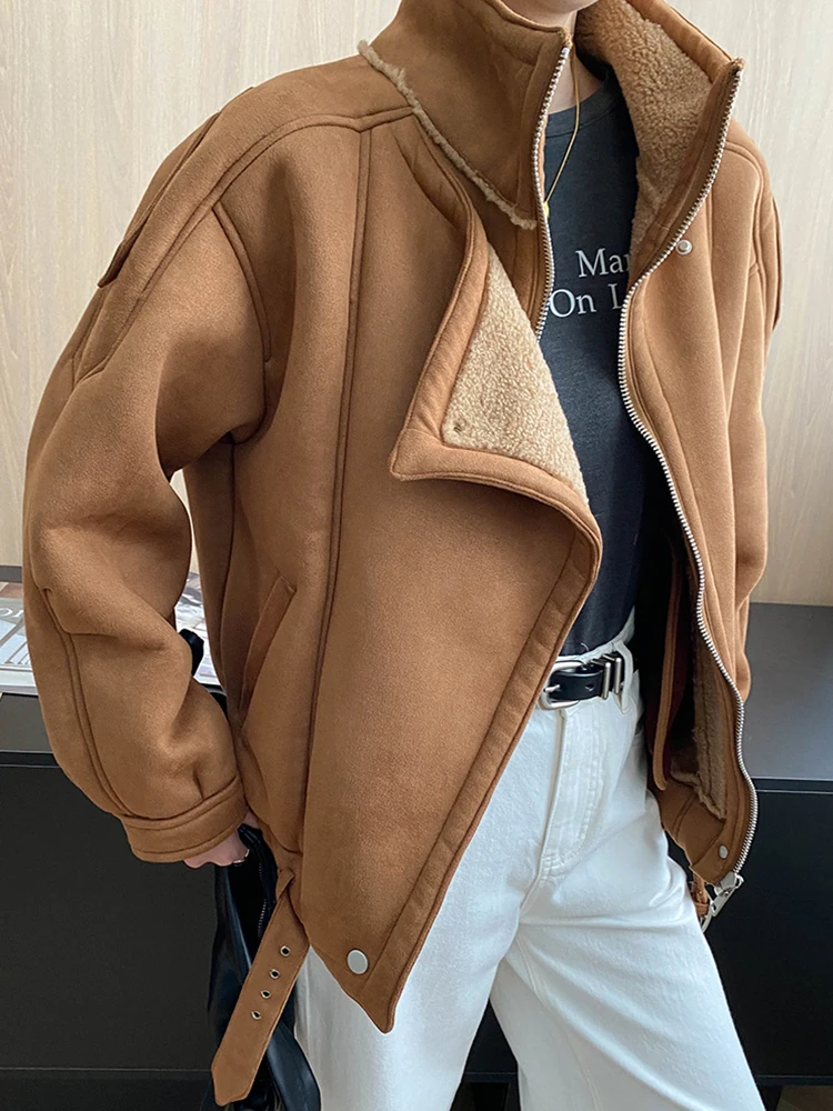YERMORA Women's Coffee Zipper Suede Warm Jacket Stand Collar Long Sleeve Loose New Coat Fashion Tide Autumn Winter 22025