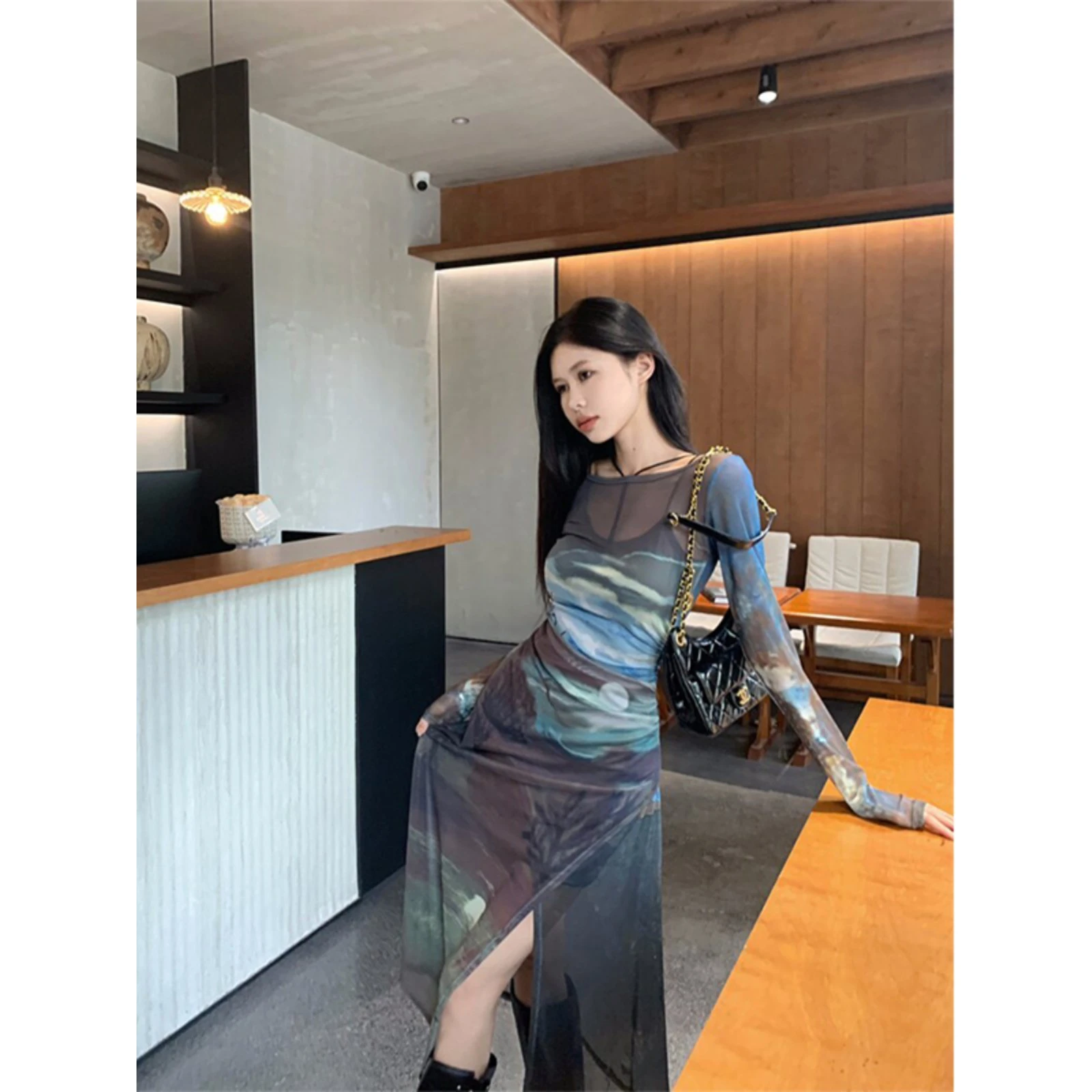 Spicy Girl Elegant Oil Painting Mesh Dress Women's Autumn Elegance Slit Long Slimming Strap Dress Two-Piece Set Casual H-Style