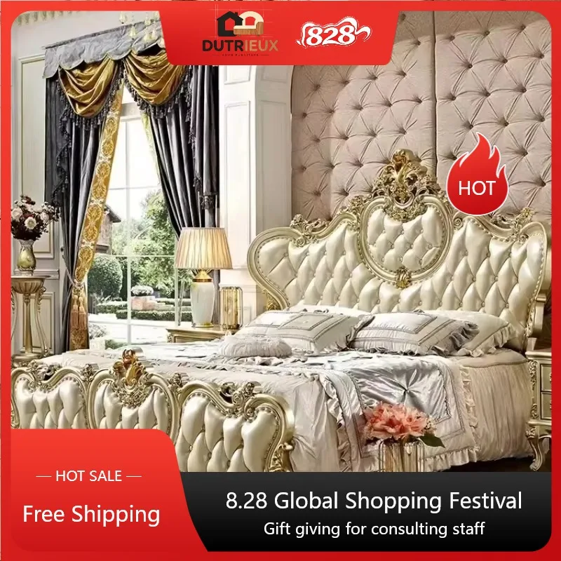 European Gold King Size Bed Frame Mattress Storage Luxury Modern Bed Villa Wood Bedroom Italian Cama Box Casal Home Furniture