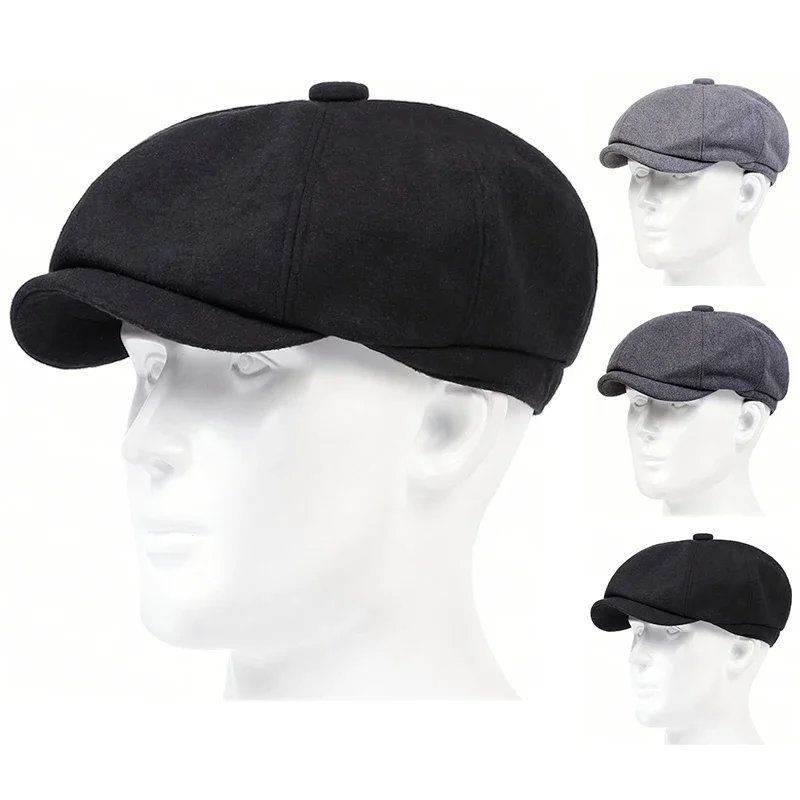 Retro Einfarbige Woll-Schiebermützen für Herren Britische Malermützen Frühling Herbst Baskenmützen Flache Mütze Hip-Hop-Baskenmützen
