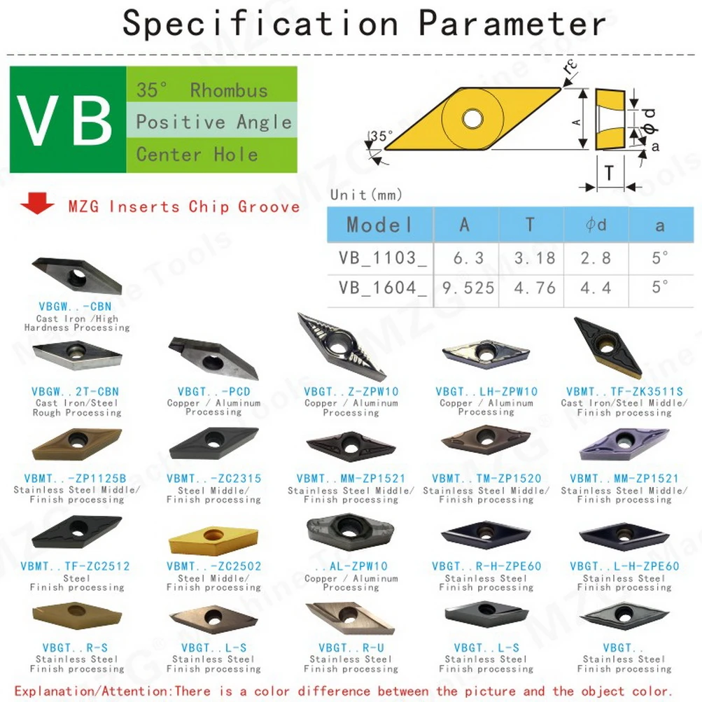 MZG 1pcs PCD CBN Diamond Insert VBGT110304 VBGT160402 VBGT160404 VBGT160408 Turning Blade CNC Metal Lathe Turning Cutter VBGT