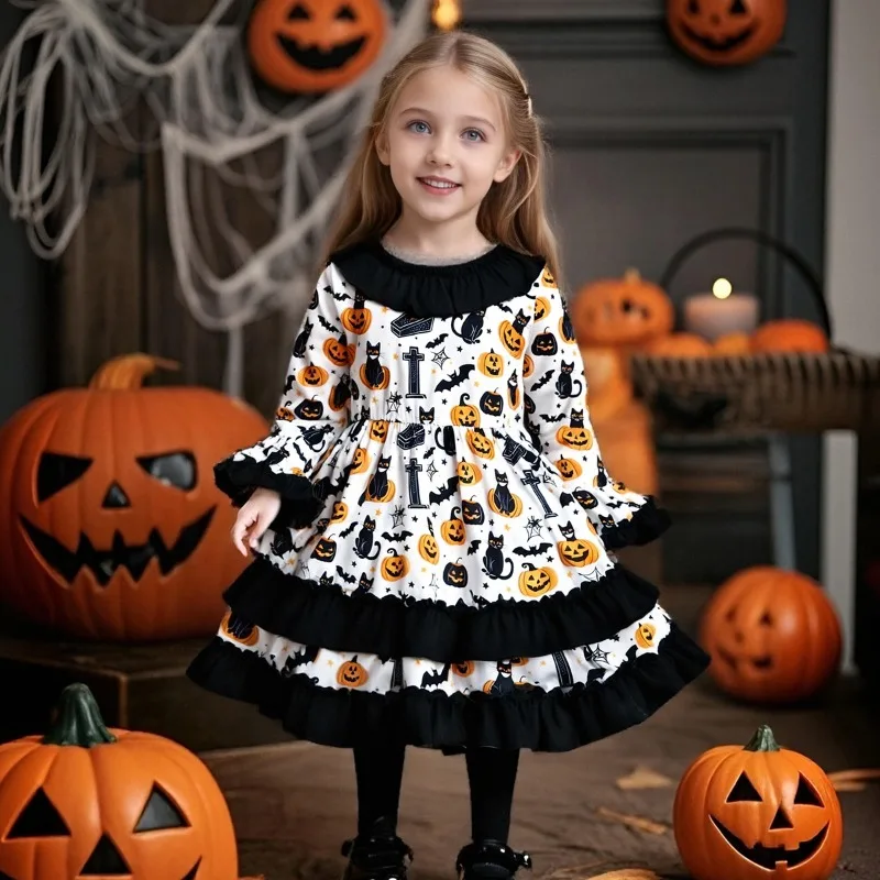 

Halloween Costume Girls Princess Dress Princess Dress Bat Spider Pumpkin Lace Trim Ruffled Gown Toddler Festival Party Clothes