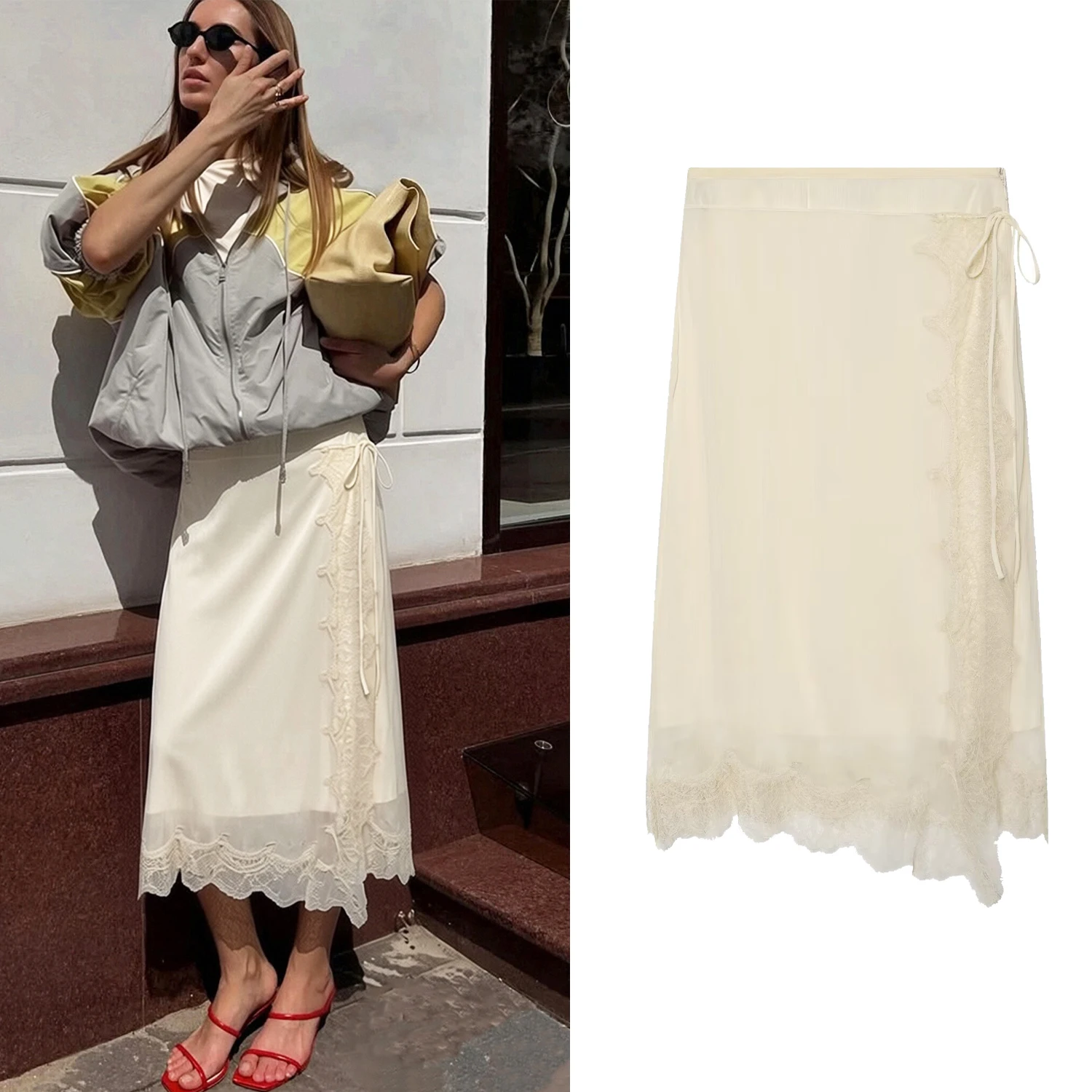 Faldas de encaje a la moda para mujer, primavera-verano, nuevas faldas elegantes con cordones, cintura alta, patchwork, faldas elegantes para dama, estilo OL.