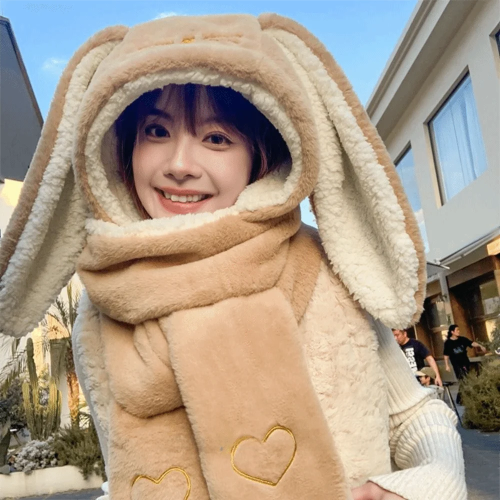 

Cute Faur Fur Cartoon Hat Cold Protection Thickened Big Rabbit Ears Hat Winter Warmt Scarf Hood Cap For Women Girls