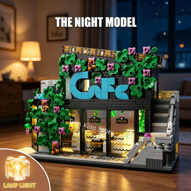 

Coffee Flower House Building Blocks with Lights City Street View Kids Toy Moc Assembly Bricks Model Home Ornament Girl Gifts