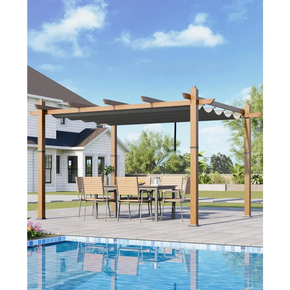

10x13 ft Outdoor Pergola with Retractable Canopy Upgraded Outdoor Aluminium Pergola, Faux Wood Grain Metal Patio Gazebo