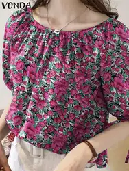 Sexy Floral Printed Tops 2024 Summer Bohemian Blouse Women Elegant Half Puff Sleeve O Neck Shirts Fashion Casual Loose Blusas