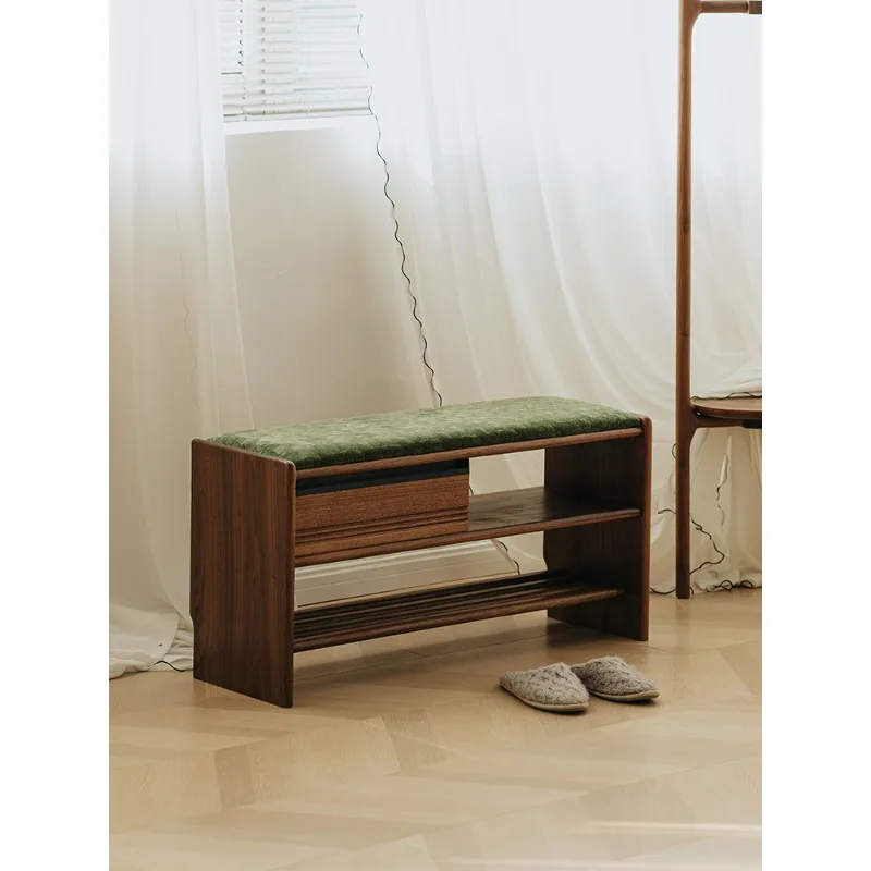 Wuying مصبغة تغيير الأحذية البراز عند باب المنزل الشمال الجوز الأسود الخشب الصلب باب الدخول رف الأحذية يمكن الجلوس على الحذاء